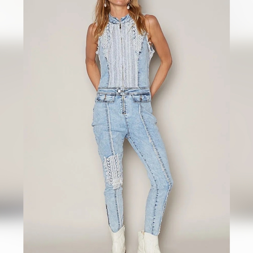 POL Light Blue Denim And Knit Jumpsuit. Various Sizes. NWOT - Picture 2 of 7